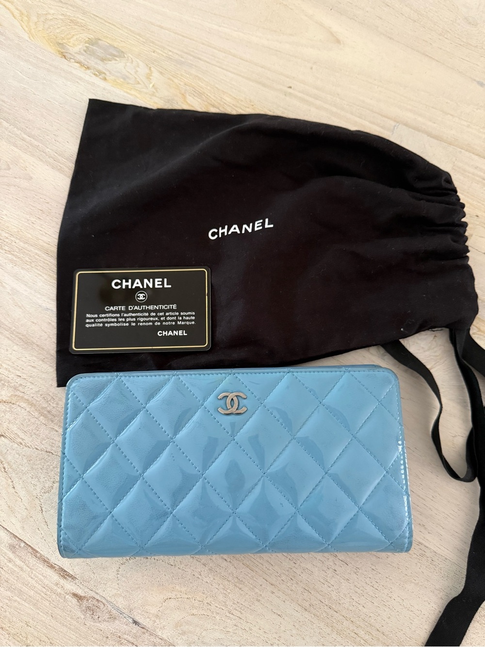 CHANEL Quilted Patent Leather Card Holder in Light Blue with CC Logo